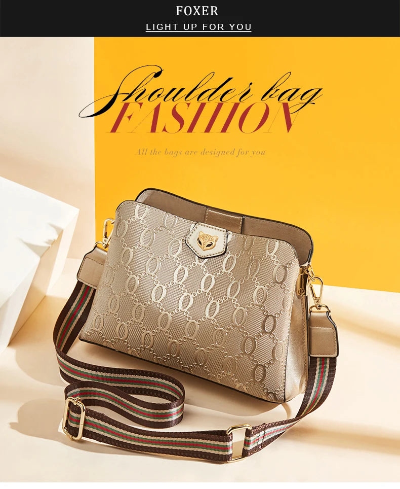 FOXER-Leather Shoulder Bag for Women, Monogram Crossbody Handbag, Gift for Lady, Mom, Wife