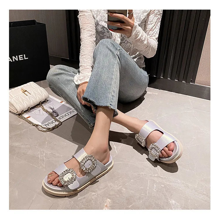 pearl rivets thick bottom women slippers crystal beading flip flops lace band platform sandalias mujer pearl slides big size 43
