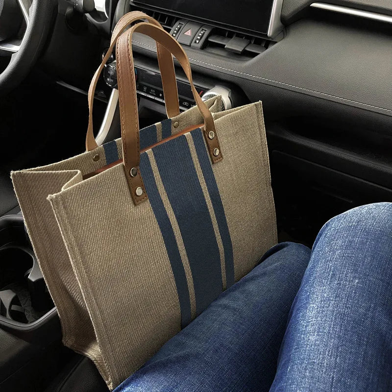 Simple Canvas Stripe Decor Bucket Handbags Women Top Handle Tote Bag Large Capacity Casual Shoulder Crossbody Bags