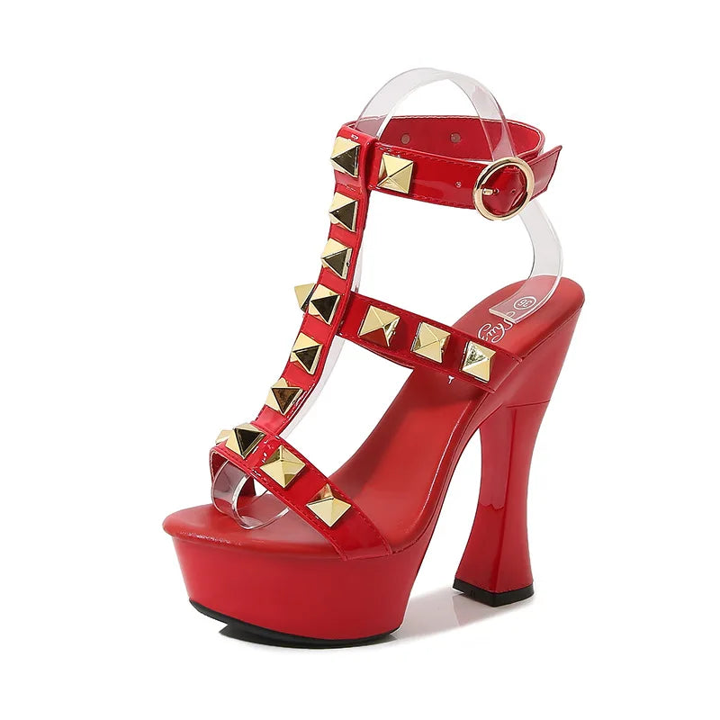 New Rivet Designer High Heels 2022 Fashion Thick Platform Club Women Pumps Sexy Summer Models Sandals White Black Red Woman Shoe