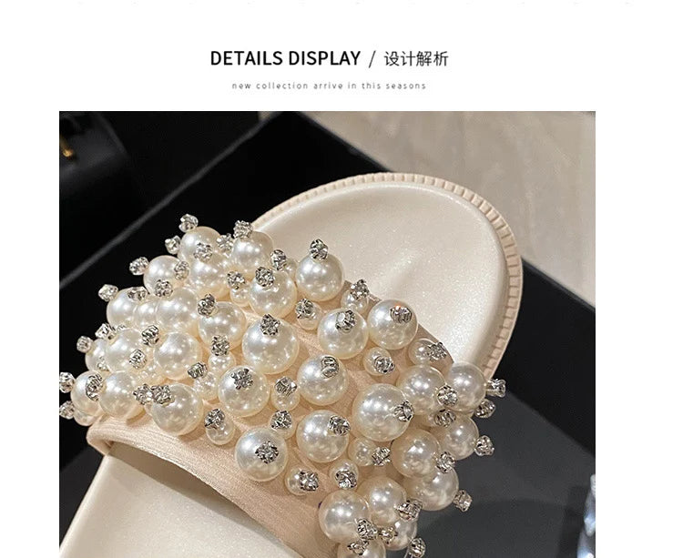 pearl rivets thick bottom women slippers crystal beading flip flops lace band platform sandalias mujer pearl slides big size 43