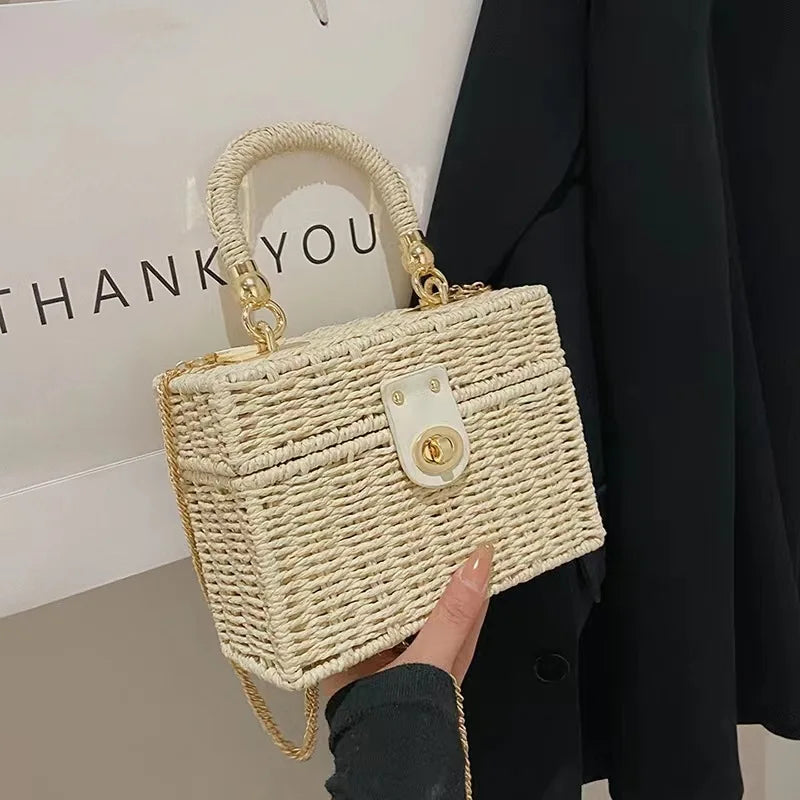New rattan black straw Shoulder Bag Women hand-woven Messenger Bag Summer Beach Square box Straw Handbag For lady Bolsa Feminina