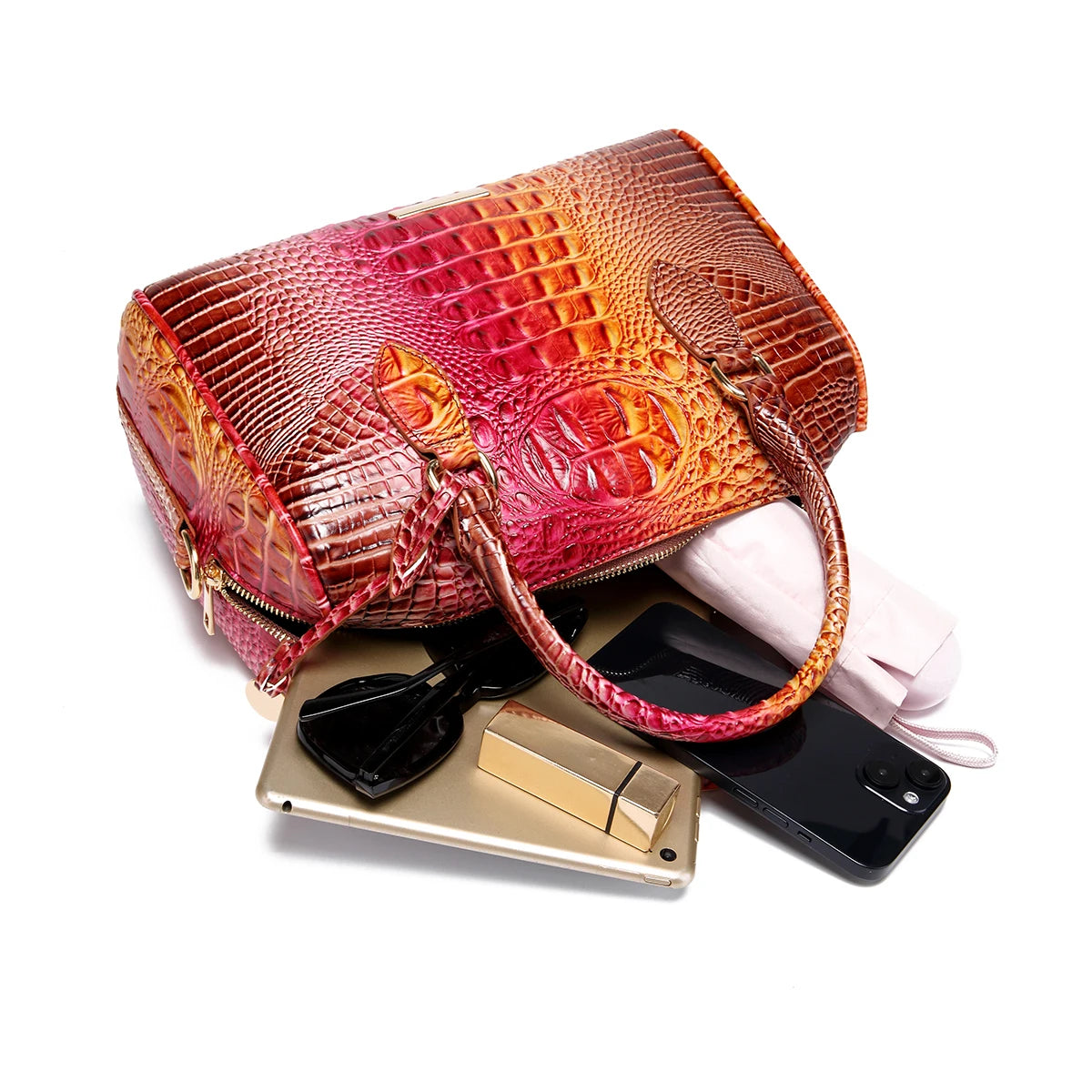 Ombre Crocodile Embossed Boston Handbag Classic Style Crossbody Bag Women's Leather Satchel Purse