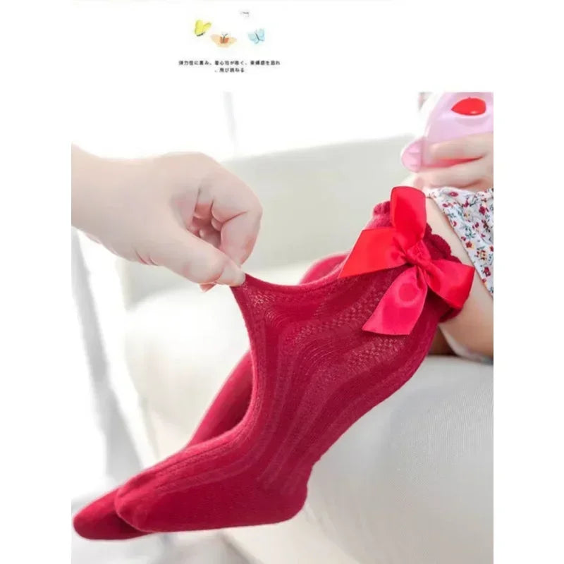 Red Bow Tie Knee High Tube Socks Girls' Christmas Stockings Infants Toddlers Soft Cotton Children Non Slip Floor Socks Baby Gift