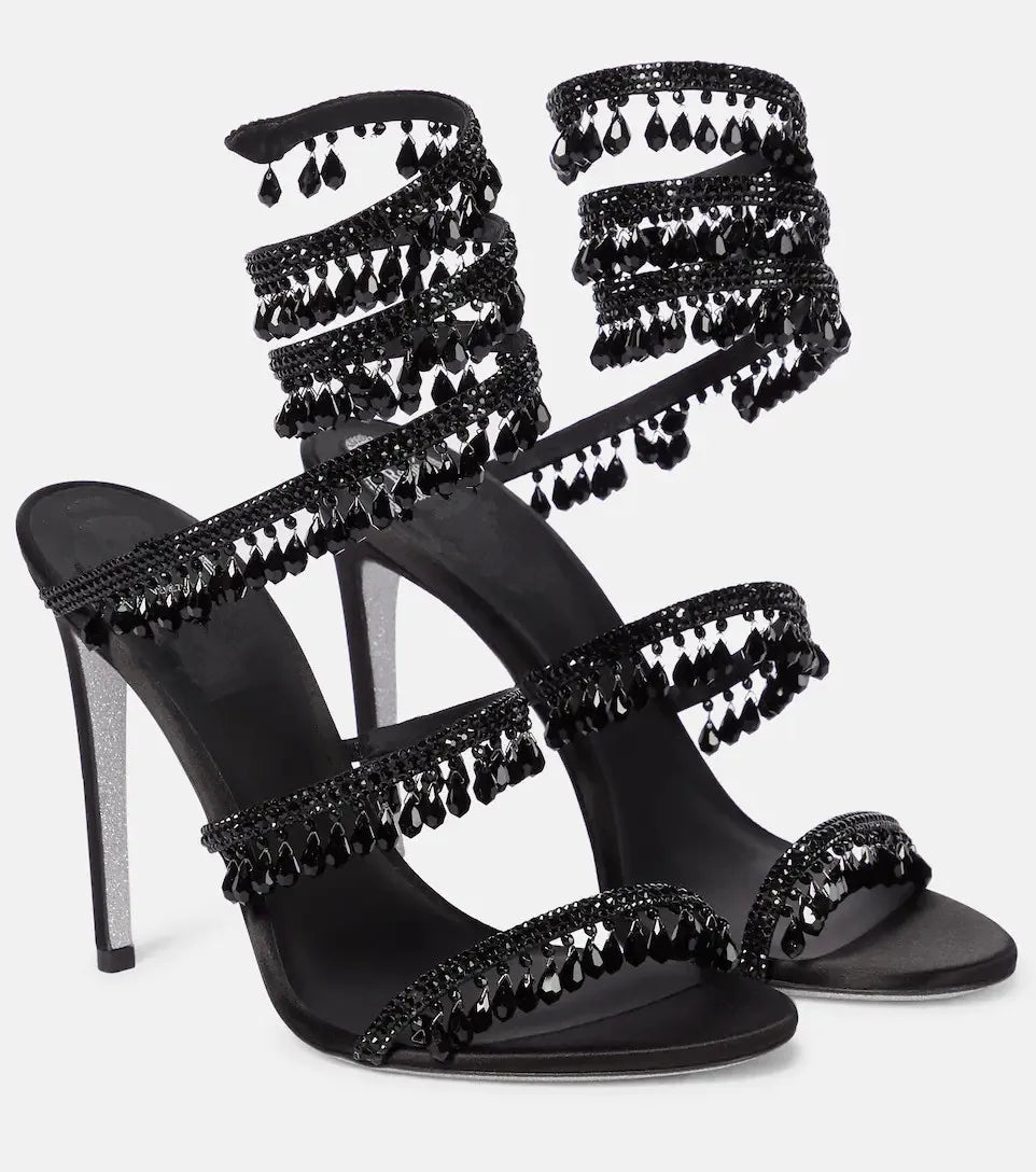 2025 Women's New Rhinestone Sandals Fashion Tassel Crystal Shoes Sexy Nightclub Banquet Party Twining Stiletto Women's Sandals