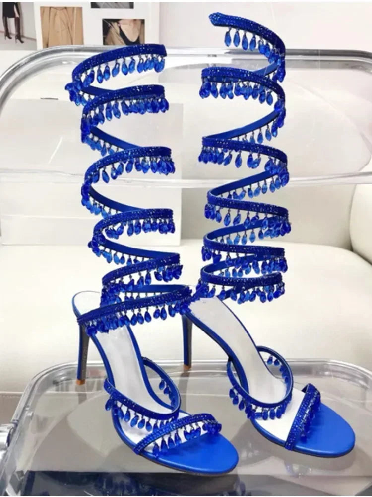 2025 Women's New Rhinestone Sandals Fashion Tassel Crystal Shoes Sexy Nightclub Banquet Party Twining Stiletto Women's Sandals