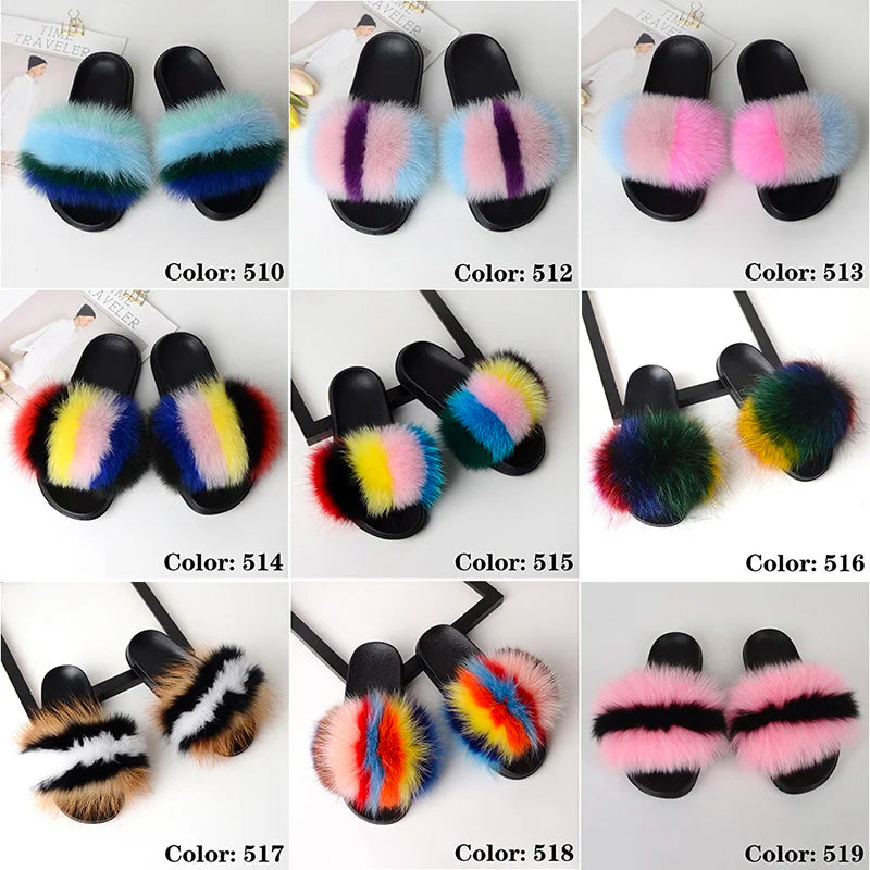 SARSALLYA Fur Slippers Women Real Fox Fur Slides Home Furry Flat Sandals Female Cute Fluffy House Shoes Woman Brand Luxury 2024