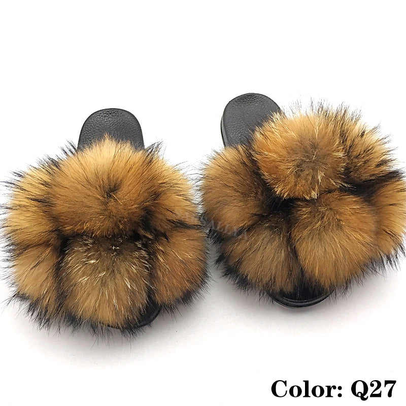 SARSALLYA Fur Slippers Women Real Fox Fur Slides Home Furry Flat Sandals Female Cute Fluffy House Shoes Woman Brand Luxury 2024