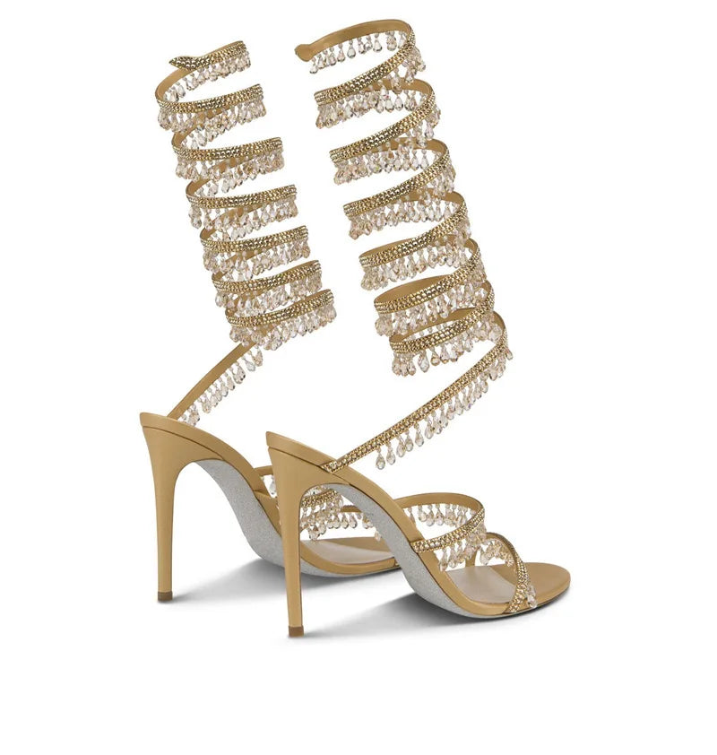 2025 Women's New Rhinestone Sandals Fashion Tassel Crystal Shoes Sexy Nightclub Banquet Party Twining Stiletto Women's Sandals