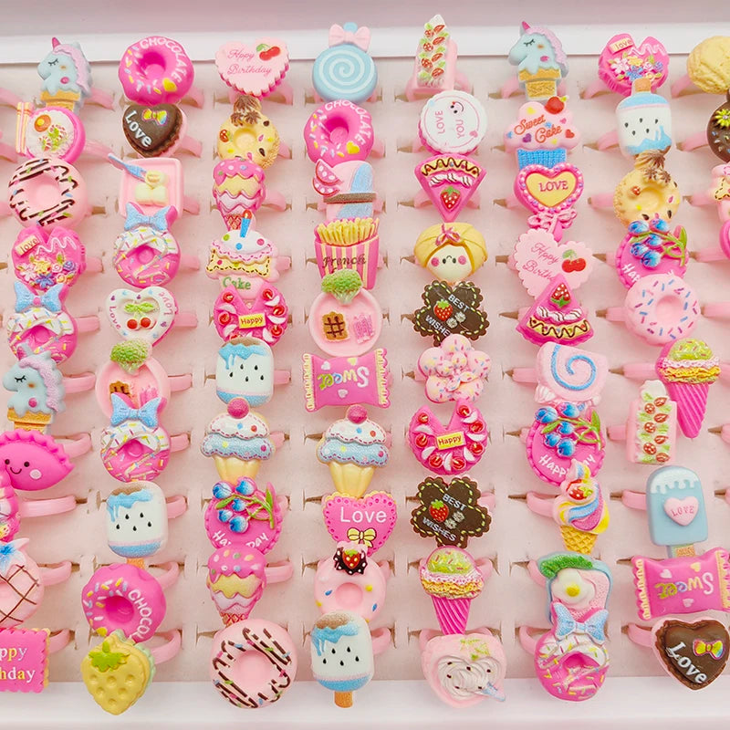 30/100pcs/Lot Wholesale New Cute Kids Finger Rings Party Pink Candy Ice Cream Donuts Cake Child Jewelry Open Adjust Gifts Girls