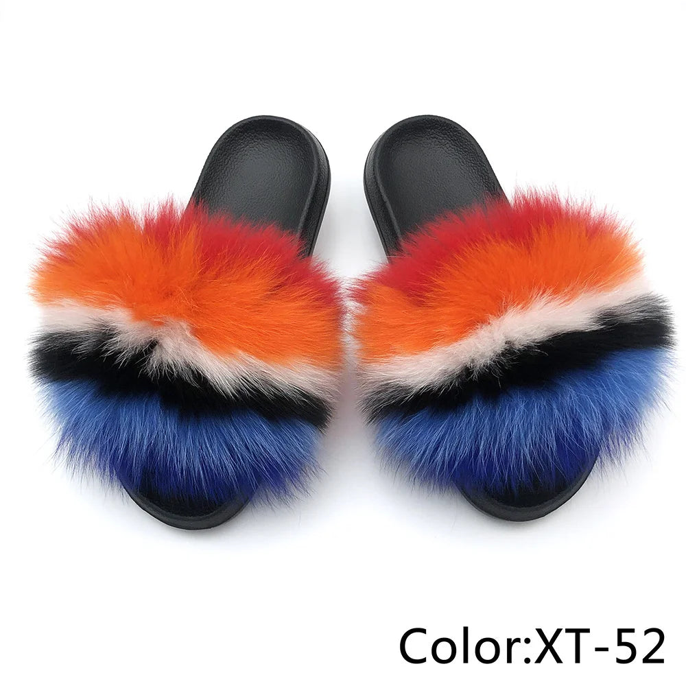 SARSALLYA Fur Slippers Women Real Fox Fur Slides Home Furry Flat Sandals Female Cute Fluffy House Shoes Woman Brand Luxury 2024