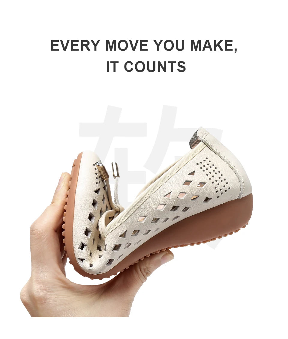 Summer Slip-on Shoes Flat Hollow Comfortable Woman Shoes Genuine Leather Soft Bottom White Breathable Mule Women's Moccasins 41
