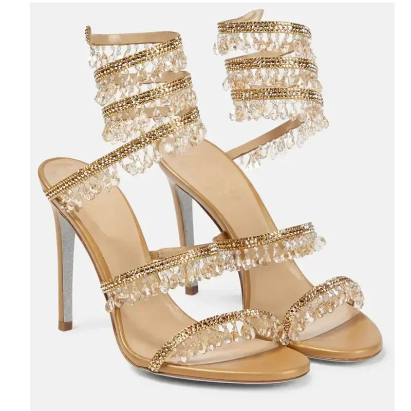 2025 Women's New Rhinestone Sandals Fashion Tassel Crystal Shoes Sexy Nightclub Banquet Party Twining Stiletto Women's Sandals