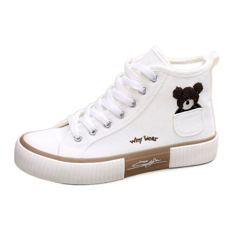 Comemore High-top Canvas Woman Vulcanized Shoes Flats Casual Espadrilles for Women Spring Lady Black White Bear Lace Up Sneakers