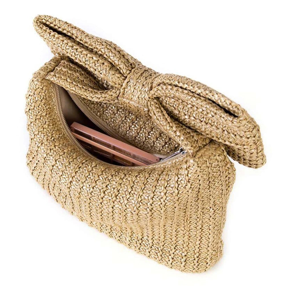 Women Bow Purse Summer Straw Woven Clutch Bag Luxury Design Handbags Purses Vacation Beach Tote Formal Party Wedding 2024 New