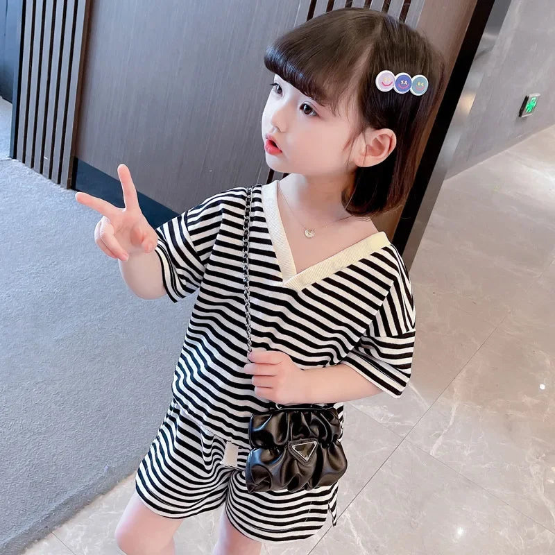 Girl Clothes Set Striped Fashion Outfits Clothing Set Bowknot V-neck Shirt and Shorts Children Sets Toddler Girl Clothes