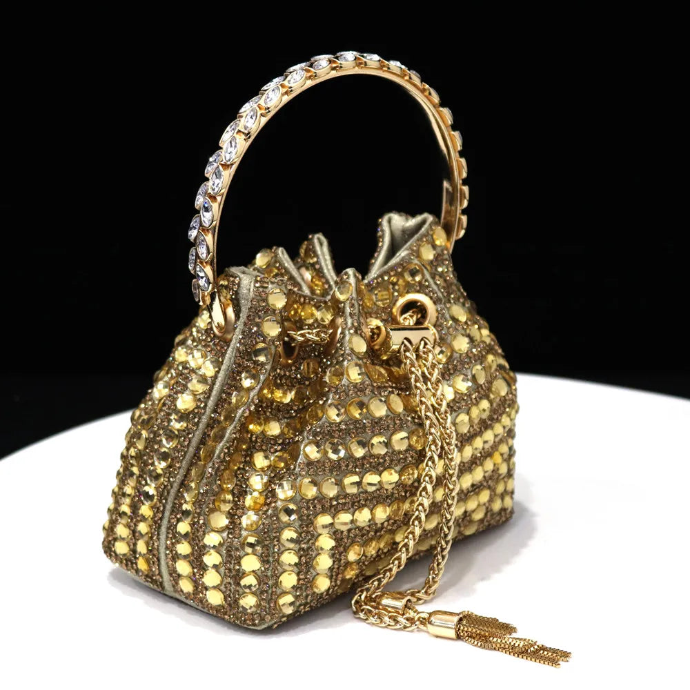 Rhinestones Women Evening Bags Bucket Design Party Day Clutch Soft Mixed Color Handle Design Handbags Purse Mature