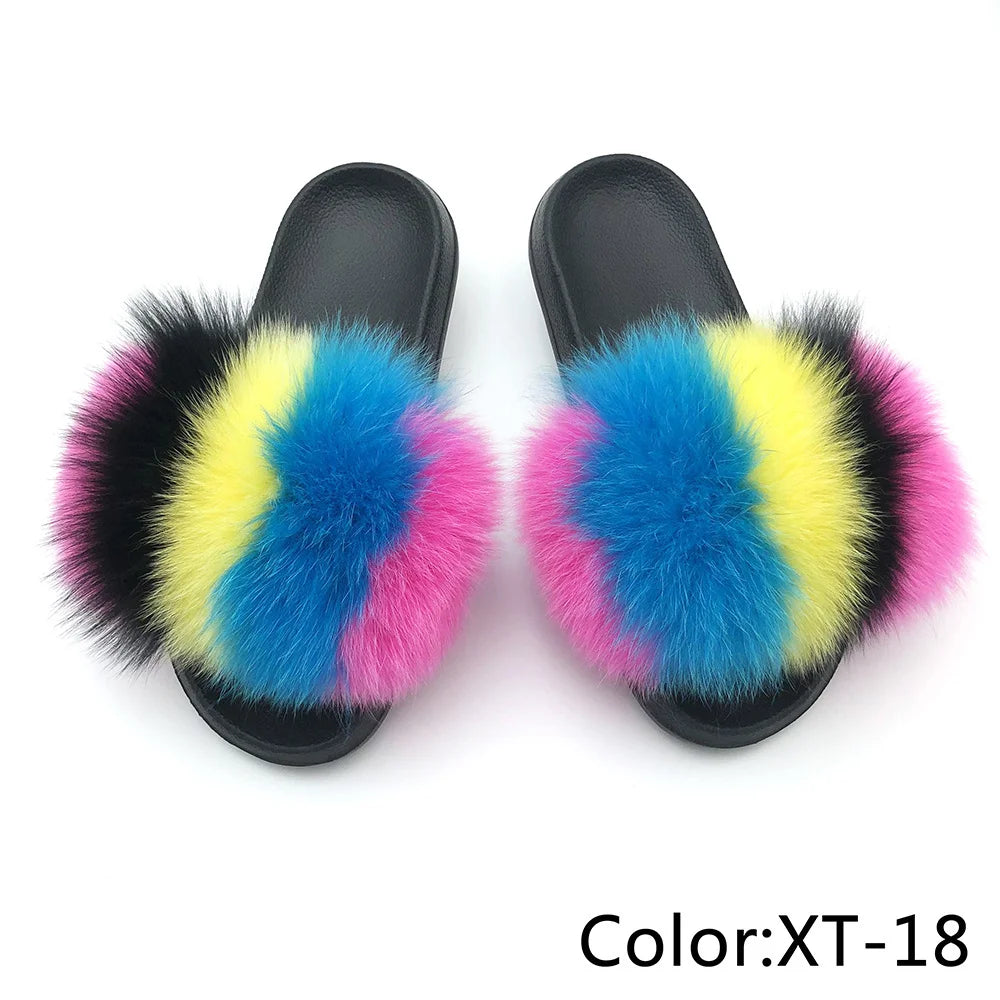 SARSALLYA Fur Slippers Women Real Fox Fur Slides Home Furry Flat Sandals Female Cute Fluffy House Shoes Woman Brand Luxury 2024
