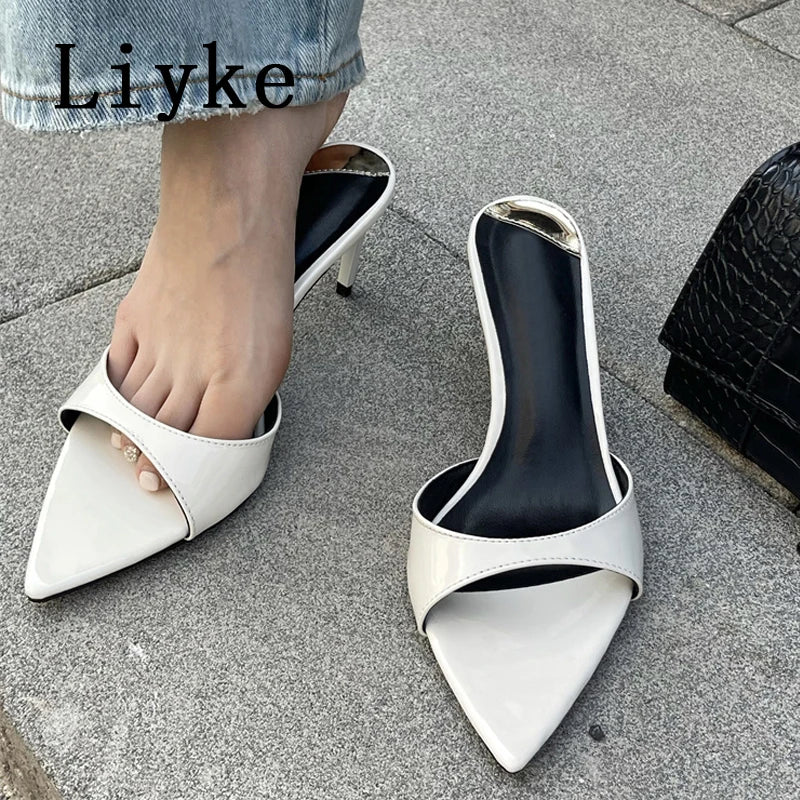 Liyke Summer Slippers Women Cozy Mules Low Thin Heels Slides Shoes Fashion Pointed Open Toe Gladiator Sandals Zapatos Mujer