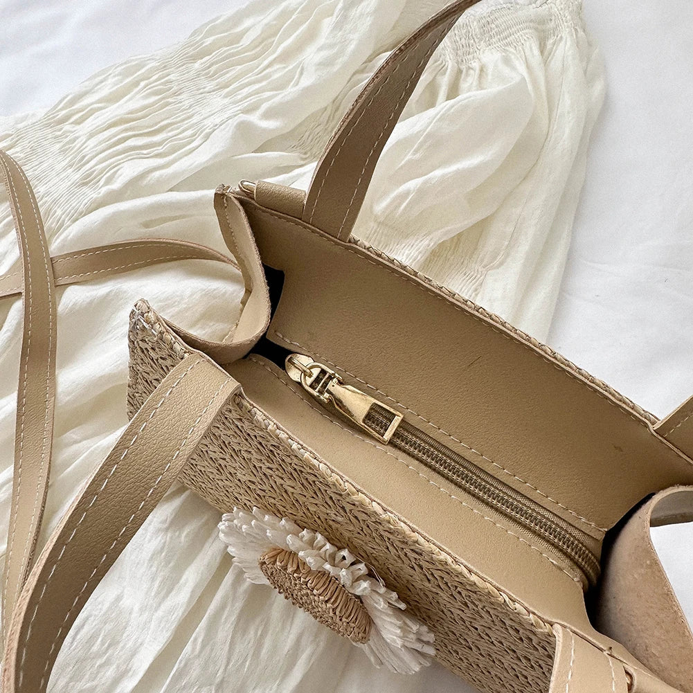Rattan Woven Women Straw Bag Adjustable Shoulder Bag Handbag Knit Flower Summer Beach Woman Shoulder Messenger Khaki Beige Bags