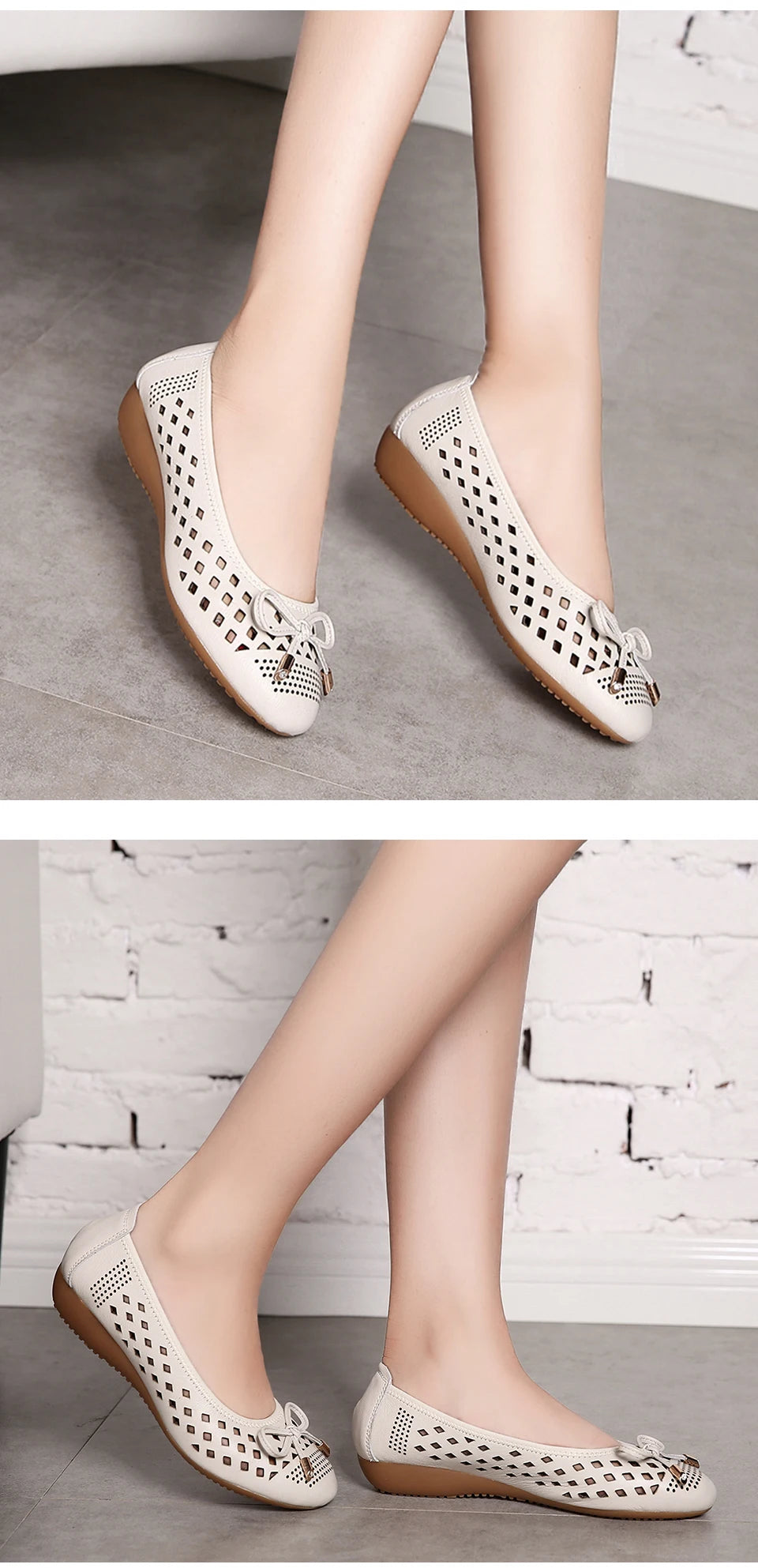 Summer Slip-on Shoes Flat Hollow Comfortable Woman Shoes Genuine Leather Soft Bottom White Breathable Mule Women's Moccasins 41