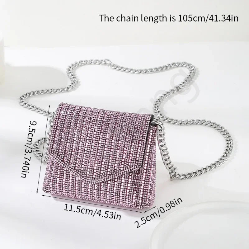 Female Bling Chain Crossbody Bag Ladies Mini Rhinestone Small Envelop Shoulder Purse Full Diamond Messenger Evening Bag