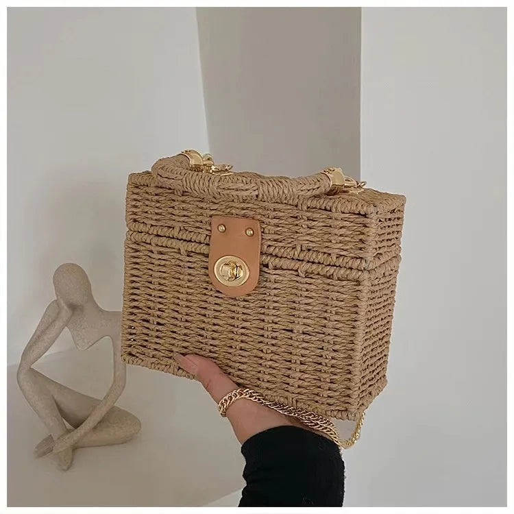 New rattan black straw Shoulder Bag Women hand-woven Messenger Bag Summer Beach Square box Straw Handbag For lady Bolsa Feminina