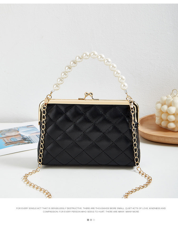 New Fashion Versatile Lingge Embroidery Clip Chain Strap Crossbody Mobile Phone Bag Pearl Handheld Women's Bag