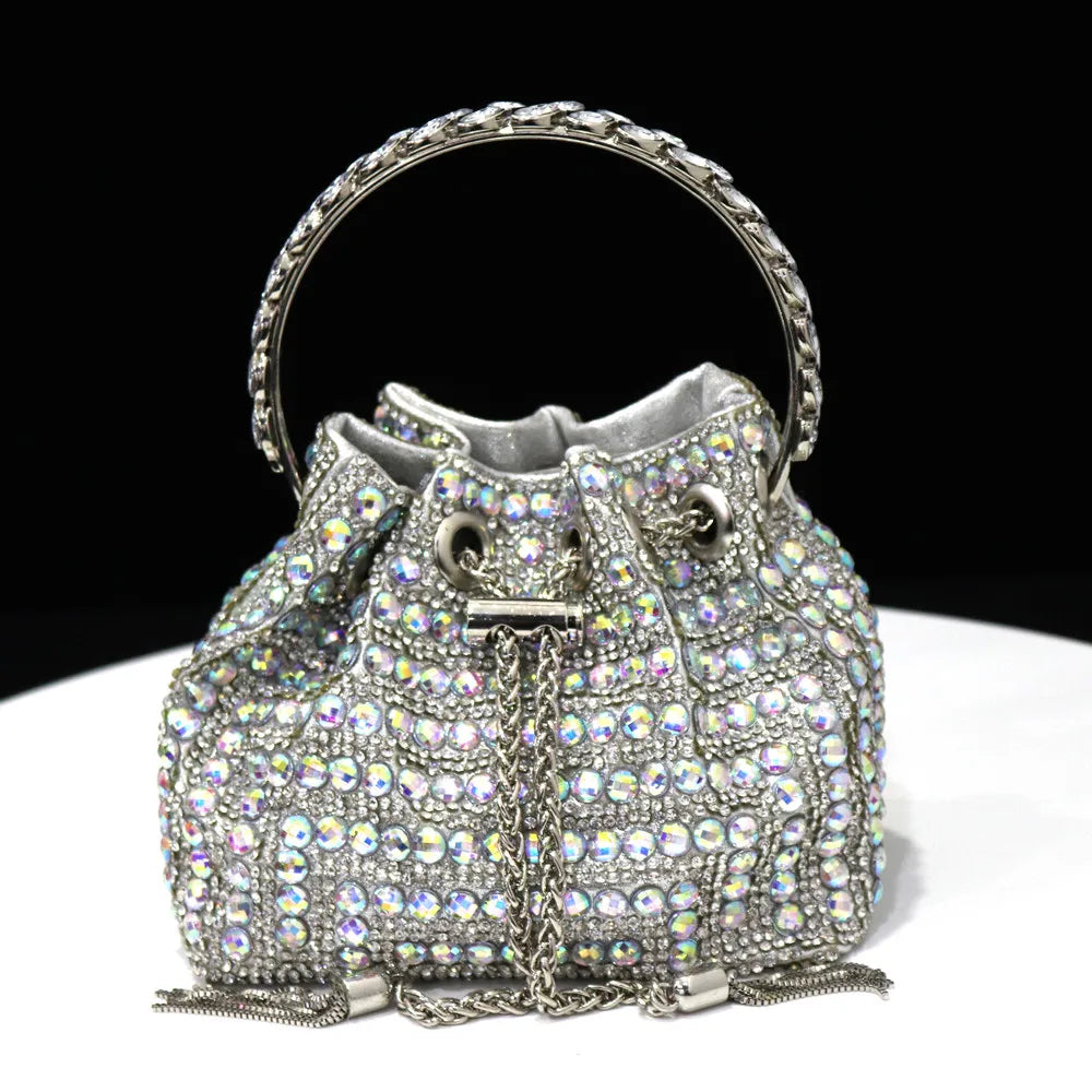 Rhinestones Women Evening Bags Bucket Design Party Day Clutch Soft Mixed Color Handle Design Handbags Purse Mature