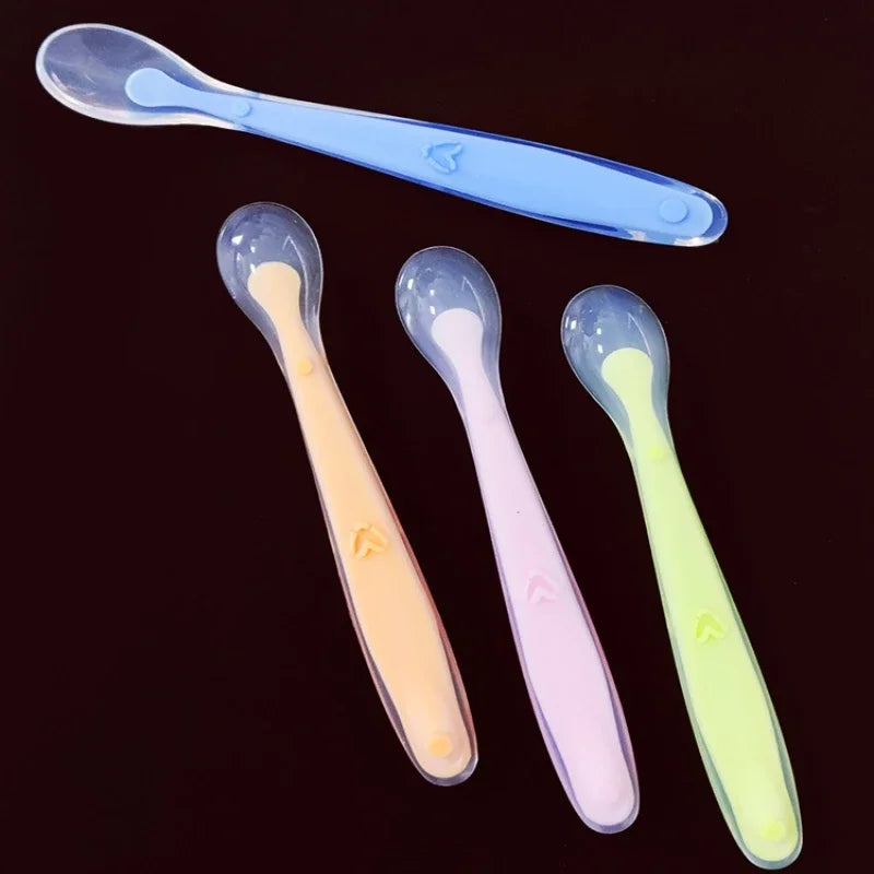 Baby Soft Silicone Spoon with Storage Box Candy Color Temperature Sensing Spoon Children Food Feeding Dishes Feeder Appliance