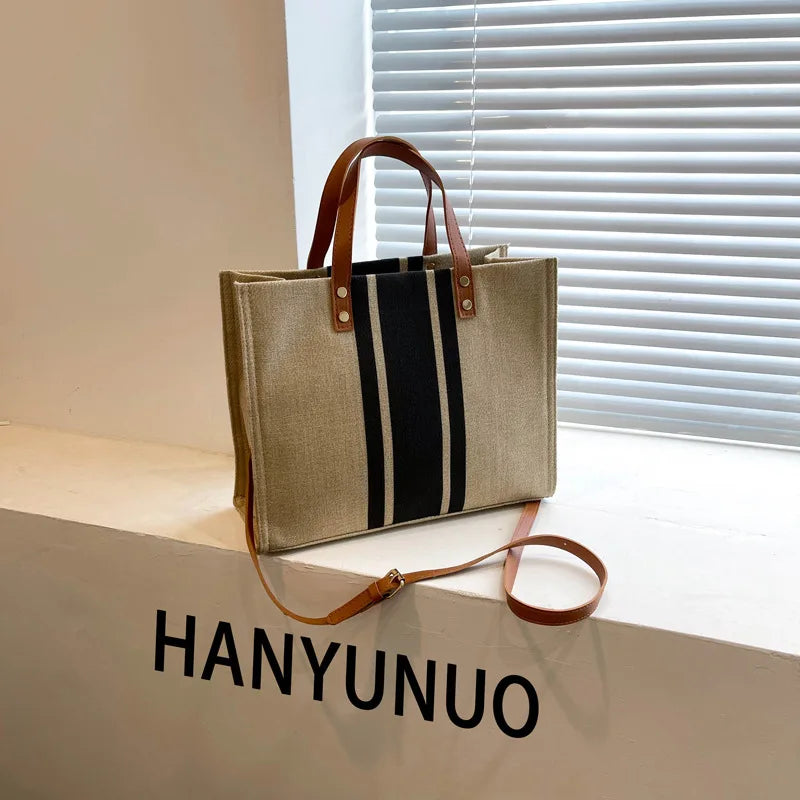 Simple Canvas Stripe Decor Bucket Handbags Women Top Handle Tote Bag Large Capacity Casual Shoulder Crossbody Bags