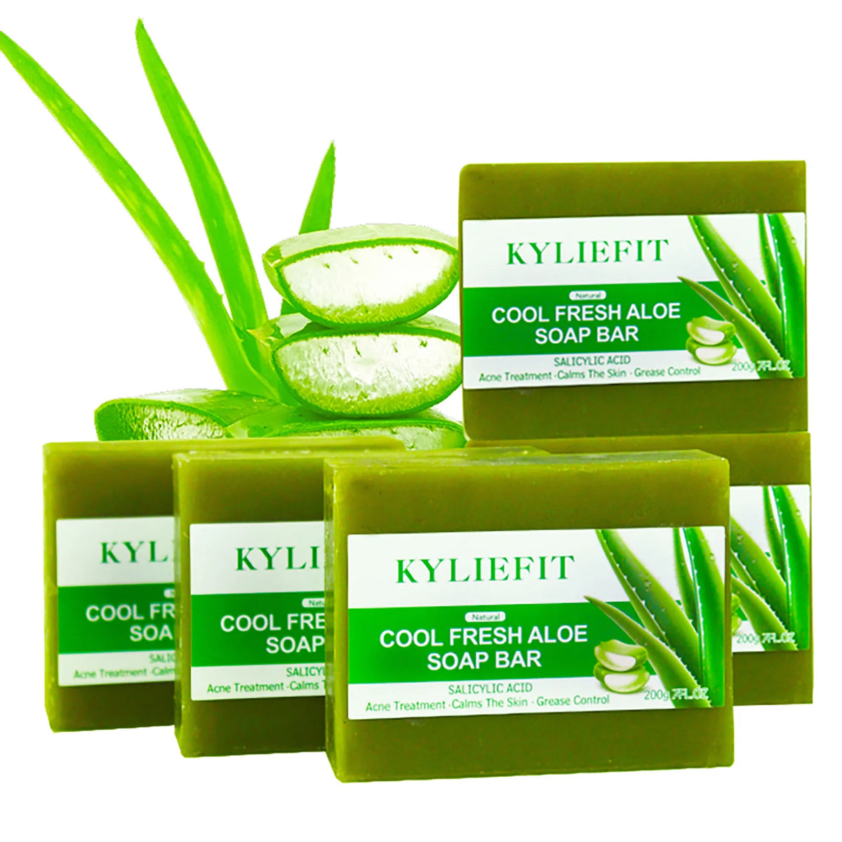 KYLIEFIT Cool Fresh Aloe Soap Bar، علاج حب الشباب، يهدئ البشرة، التحكم في الزيوت، تنظيف عميق، مع حمض الساليسيليك، للوجه والجسم