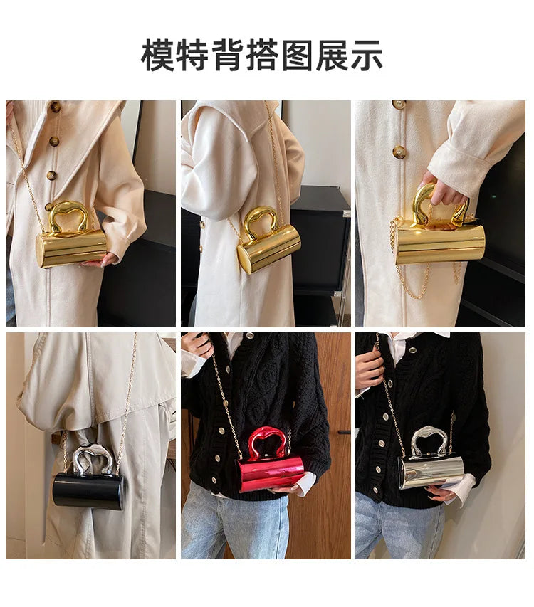Women's Handbag Bags For Women 2025 Party Clutches Fashion Cylinder Mini Evening Purse Crossbody Shoulder Bag Gold Box Clutch
