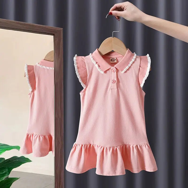 Baby Girls Dress Summer Pink Cute Elegant Princess Dress POLO Style Birthday Party Clothes 1-6 Years Old