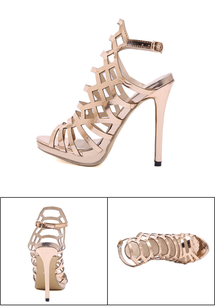 Aneikeh Patent Leather Gladiator Golden Sexy Hollow Out Sandals Party Shoes 2025 Fashion Night Club High Heel Strap Womens 35-40