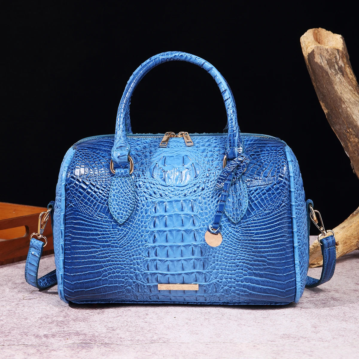 Ombre Crocodile Embossed Boston Handbag Classic Style Crossbody Bag Women's Leather Satchel Purse