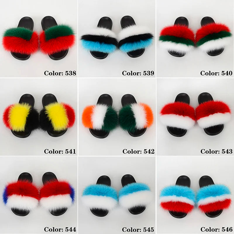 SARSALLYA Fur Slippers Women Real Fox Fur Slides Home Furry Flat Sandals Female Cute Fluffy House Shoes Woman Brand Luxury 2024