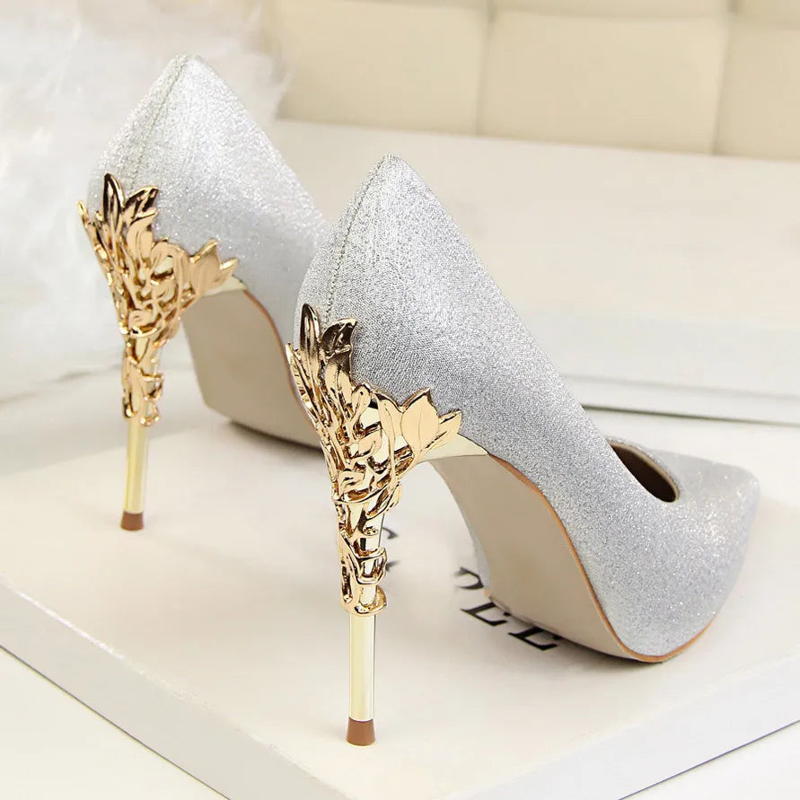 Woman 10cm High Heels Metal Heels Satin Silk Dress Fashion Pumps Lady Wedding Bridal Scarpin Catwalk Orange Green Wine Red Shoes