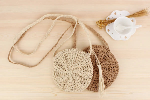 Rattan Woven Round Women Straw Bag Handbag Knit Summer Beach Bag Woman Shoulder Messenger Bag Tassel Khaki Beige Bags