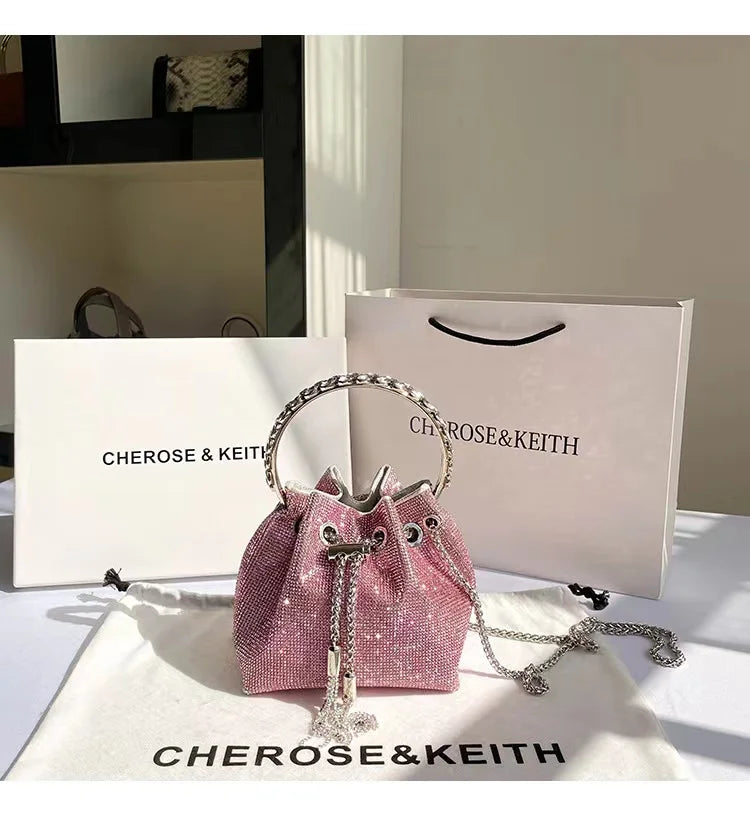 Rhinestones Diamond Evening Clutch Bag Luxury Designer Metal Ring Women's Handbag Wedding Party Bling Bucket Purse Shoulder Bag