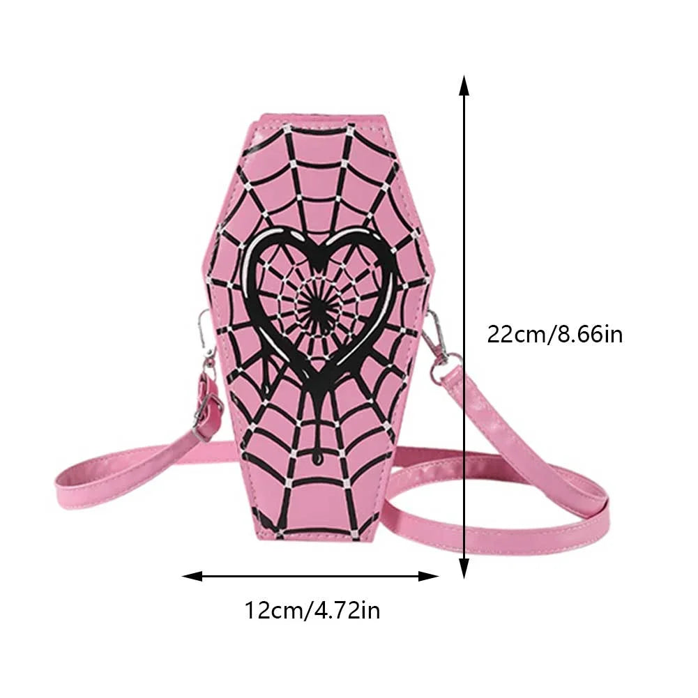 Women Fashion Shoulder Bag Large Capacity Coffin Shaped Casual Satchel Bag Adjustable Strap Spider Web PU Leather Chic Hobo Bag