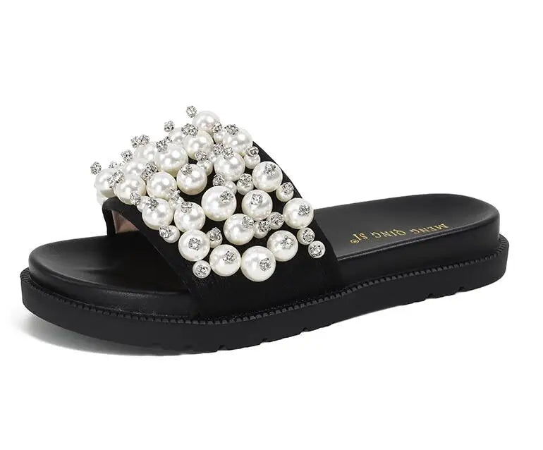 pearl rivets thick bottom women slippers crystal beading flip flops lace band platform sandalias mujer pearl slides big size 43