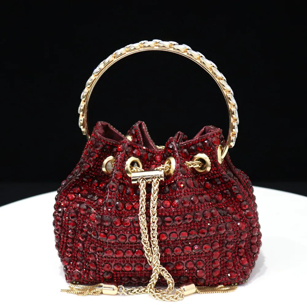 Rhinestones Women Evening Bags Bucket Design Party Day Clutch Soft Mixed Color Handle Design Handbags Purse Mature
