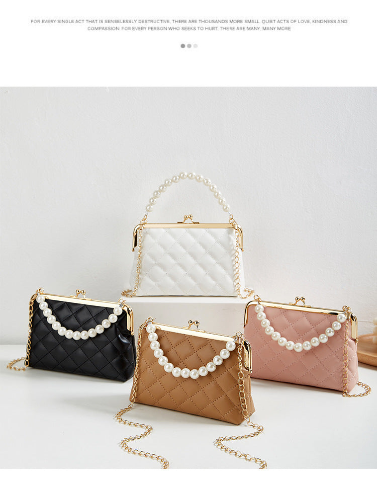 New Fashion Versatile Lingge Embroidery Clip Chain Strap Crossbody Mobile Phone Bag Pearl Handheld Women's Bag