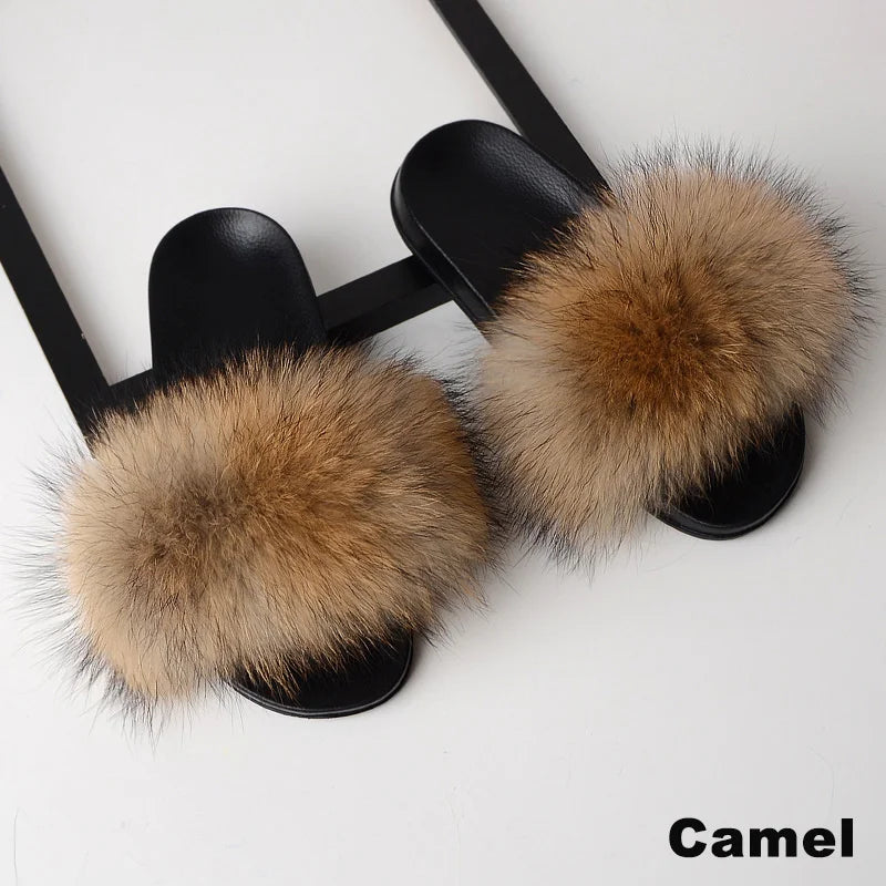 SARSALLYA Fur Slippers Women Real Fox Fur Slides Home Furry Flat Sandals Female Cute Fluffy House Shoes Woman Brand Luxury 2024