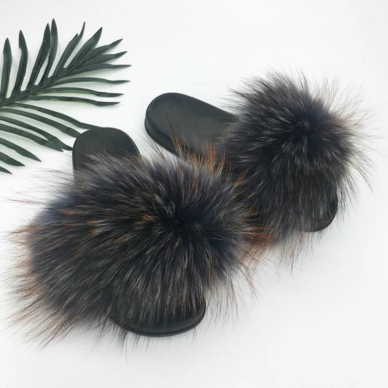 SARSALLYA Fur Slippers Women Real Fox Fur Slides Home Furry Flat Sandals Female Cute Fluffy House Shoes Woman Brand Luxury 2024