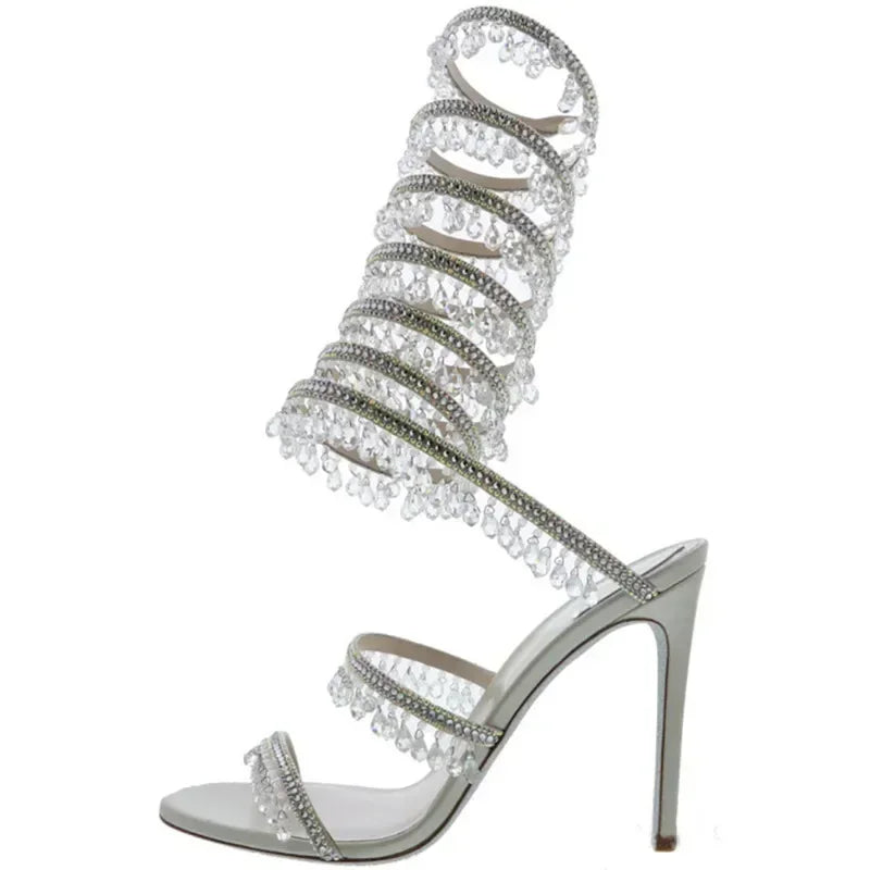 2025 Women's New Rhinestone Sandals Fashion Tassel Crystal Shoes Sexy Nightclub Banquet Party Twining Stiletto Women's Sandals