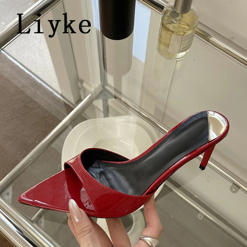 Liyke Summer Slippers Women Cozy Mules Low Thin Heels Slides Shoes Fashion Pointed Open Toe Gladiator Sandals Zapatos Mujer