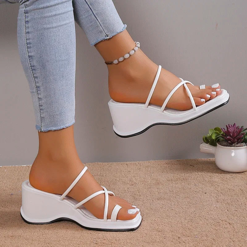 Best Women's White Wedge Sandals Summer Ring Toe Cross Strap Gladiator Sandals Woman Non Slip Platform Beach Slippers
