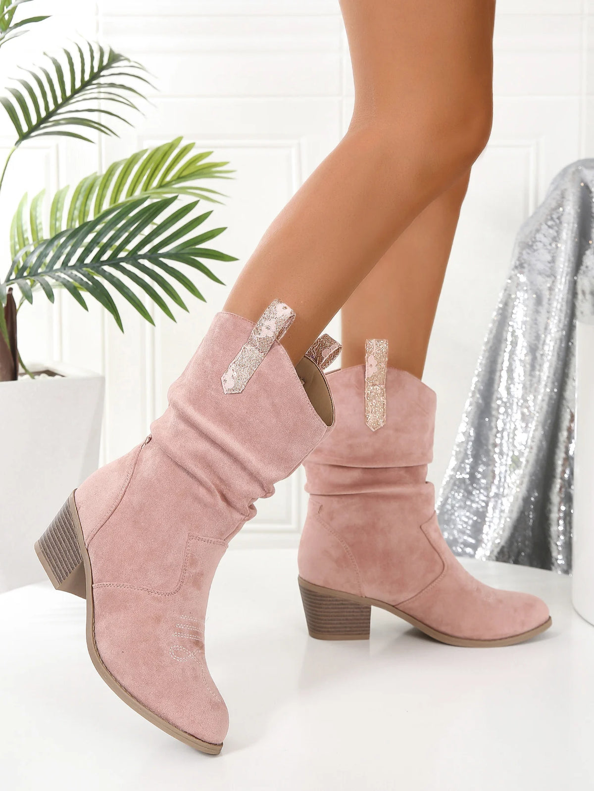 Square Heel Spring/autumn Modern Boots Mid-calf Round Toe Shoes Female 2024 High Quality Mid Heel Embroider Women's Boots